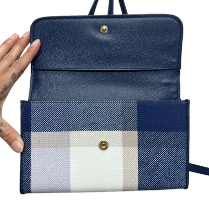 BLUE LABEL CRESTBRIDGE Textile/Leather N/A Crossbody Wallet Blue, White, Purple Plaid Gold Hardware BU1230