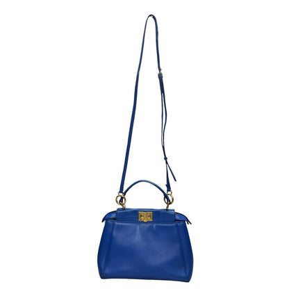 FENDI Calfskin Peekaboo Mini Handbag Blue Gold Hardware FE391