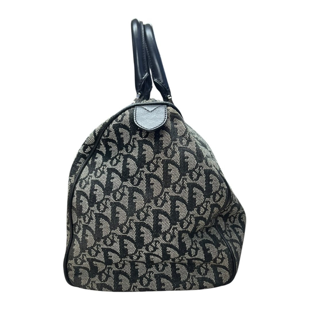 CHRISTIAN DIOR Oblique Canvas Oblique Boston Bag Handbag Black and Beige Silver Hardware Ch2208