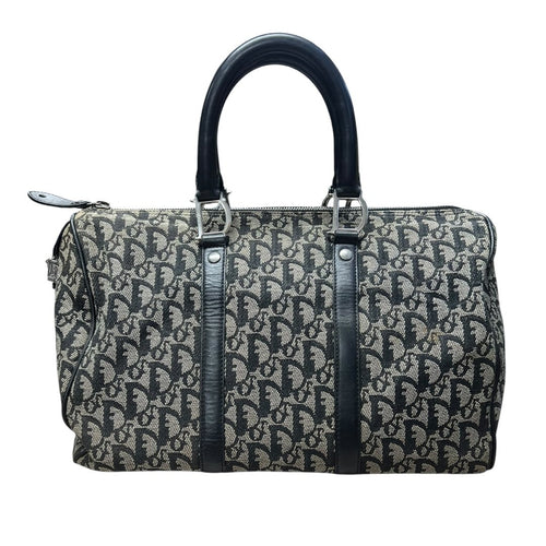 CHRISTIAN DIOR Oblique Canvas Oblique Boston Bag Handbag Black and Beige Silver Hardware Ch2208