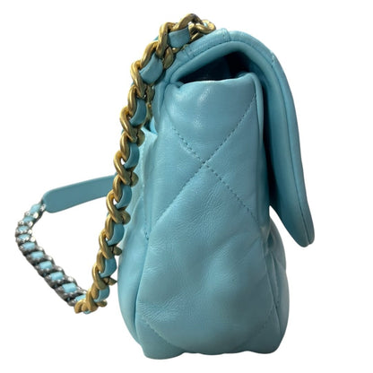 CHANEL Goatskin 19 Flap Bag Shoulder Bag Light Blue Mixed Hardware CH2215