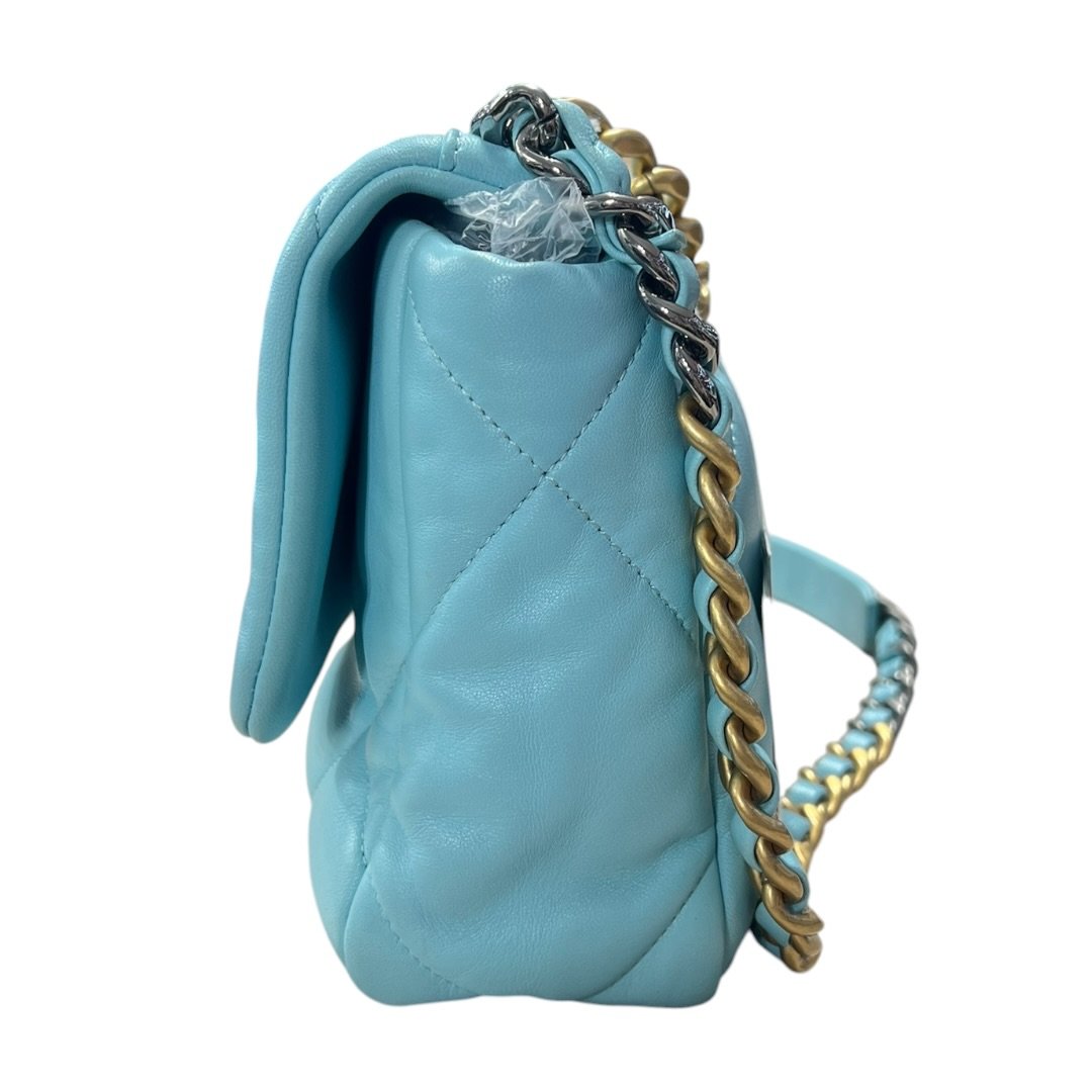 CHANEL Goatskin 19 Flap Bag Shoulder Bag Light Blue Mixed Hardware CH2215