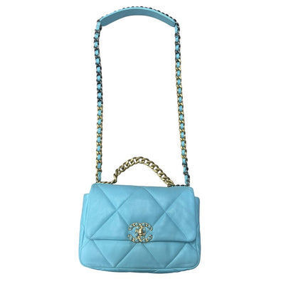 CHANEL Goatskin 19 Flap Bag Shoulder Bag Light Blue Mixed Hardware CH2215