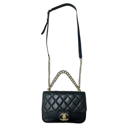 CHANEL Caviar Mini Studded Flap Bag Shoulder Bag Black with Pink Interior Gold Hardware CH2216