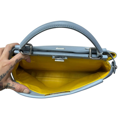 FENDI Calfskin Peekaboo Handbag Light Blue with Yellow Lining Silver Hardware FE395
