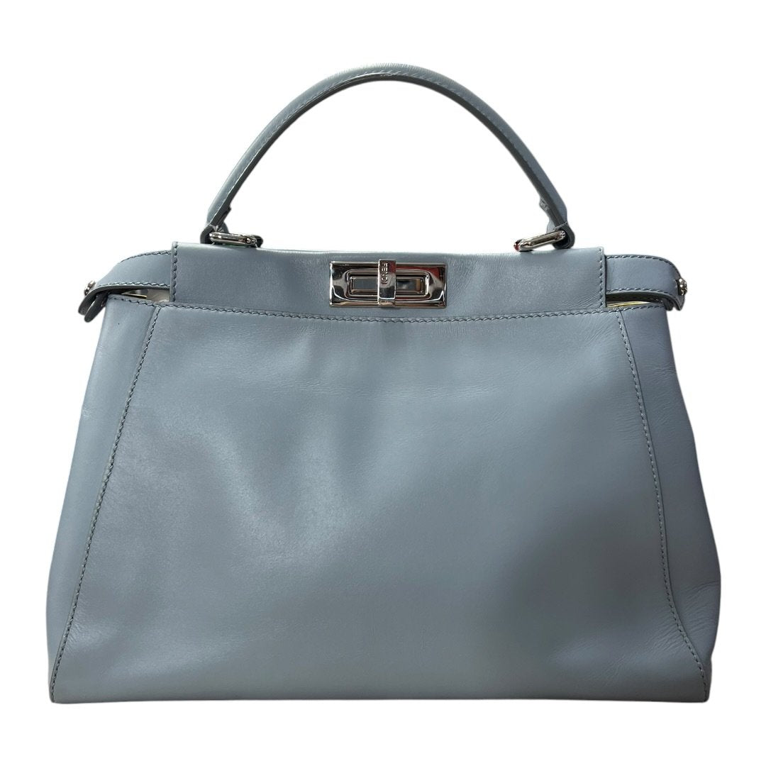 FENDI Calfskin Peekaboo Handbag Light Blue with Yellow Lining Silver Hardware FE395