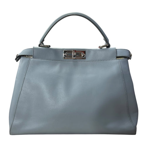 FENDI Calfskin Peekaboo Handbag Light Blue with Yellow Lining Silver Hardware FE395