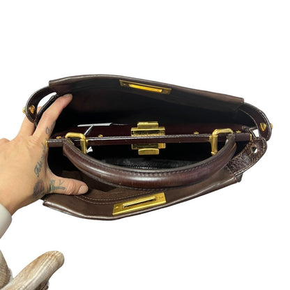 FENDI Leather Peekaboo Handbag Brown Gold Hardware FE394