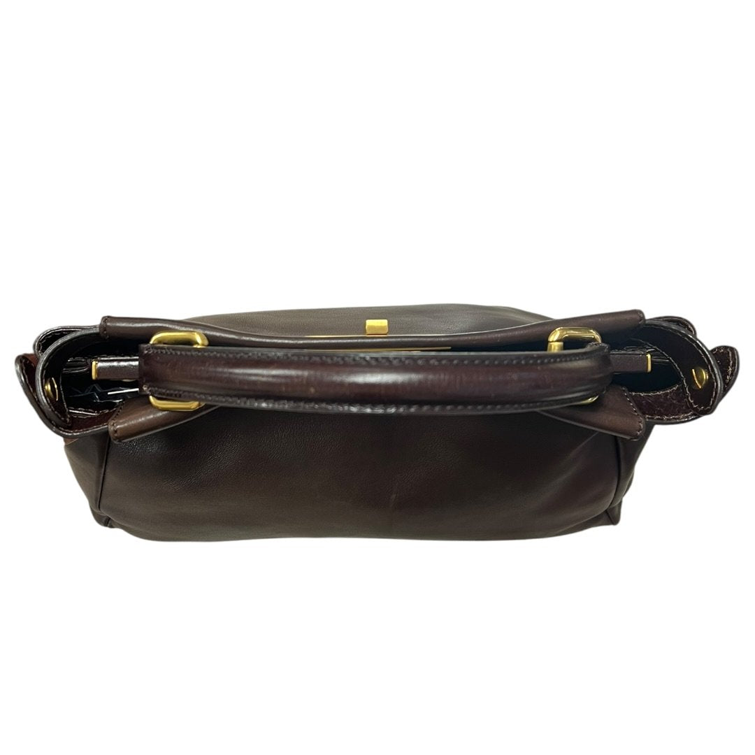 FENDI Leather Peekaboo Handbag Brown Gold Hardware FE394