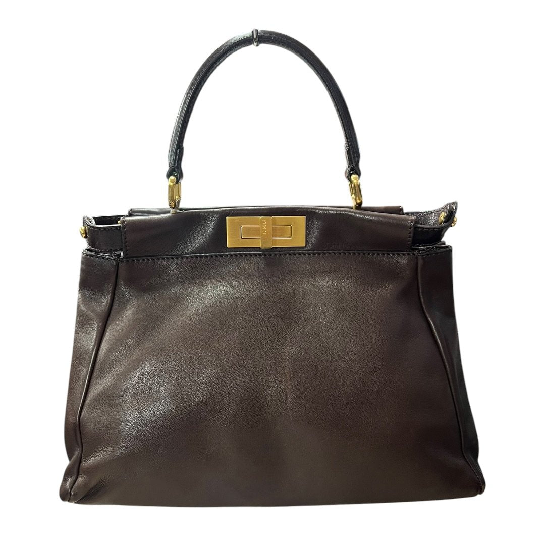 FENDI Leather Peekaboo Handbag Brown Gold Hardware FE394