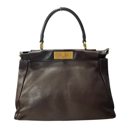 FENDI Leather Peekaboo Handbag Brown Gold Hardware FE394