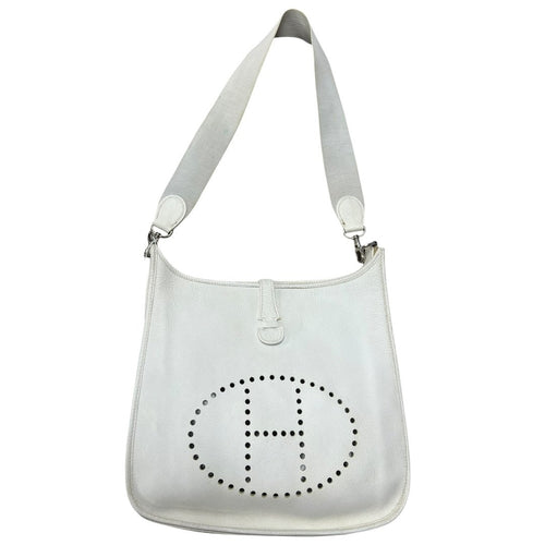 HERMES Clemence, Canvas Evelyne Shoulder Bag Off-White Silver Hardware HE474