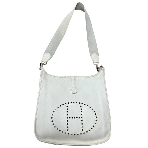 HERMES Clemence, Canvas Evelyne Shoulder Bag Off-White Silver Hardware HE474