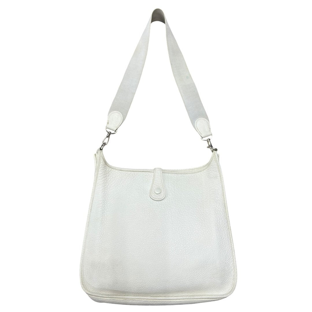 HERMES Clemence, Canvas Evelyne Shoulder Bag Off-White Silver Hardware HE474