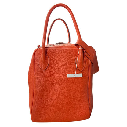 HERMES Clemence Lindy 30 Shoulder Bag Orange Silver Hardware HE479