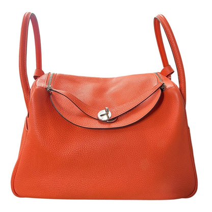 HERMES Clemence Lindy 30 Shoulder Bag Orange Silver Hardware HE479
