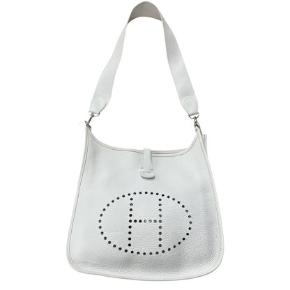 HERMES Clemence, Canvas Evelyne III PM Shoulder Bag White Silver Hardware HE477