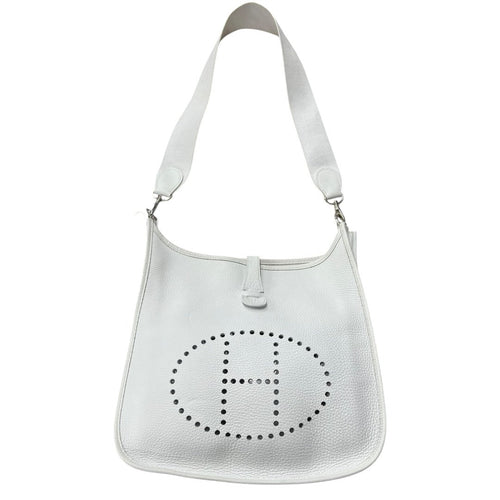 HERMES Clemence, Canvas Evelyne III PM Shoulder Bag White Silver Hardware HE477