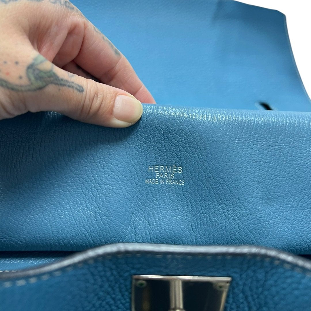 HERMES Clemence Lindy Handbag Blue Silver Hardware HE480