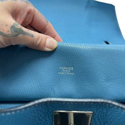 HERMES Clemence Lindy Handbag Blue Silver Hardware HE480