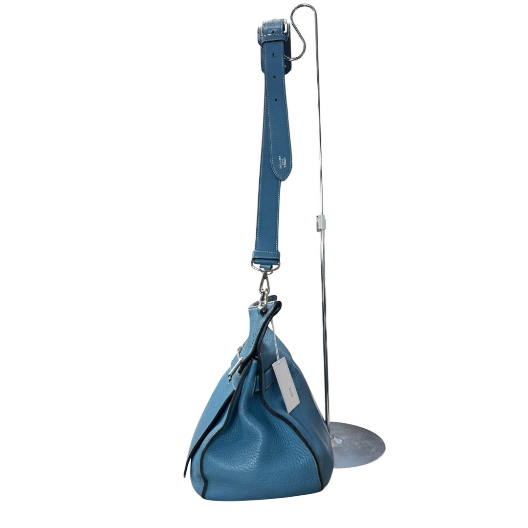 HERMES Clemence Lindy Handbag Blue Silver Hardware HE480