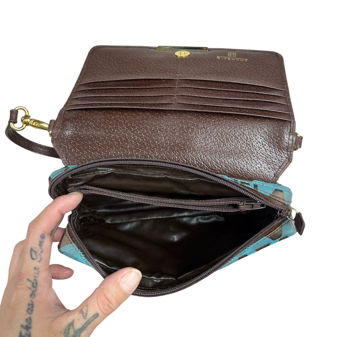 GIVENCHY Argyle Check Jacquard One Shoulder Bag Brown Blue Gold Hardware GI42