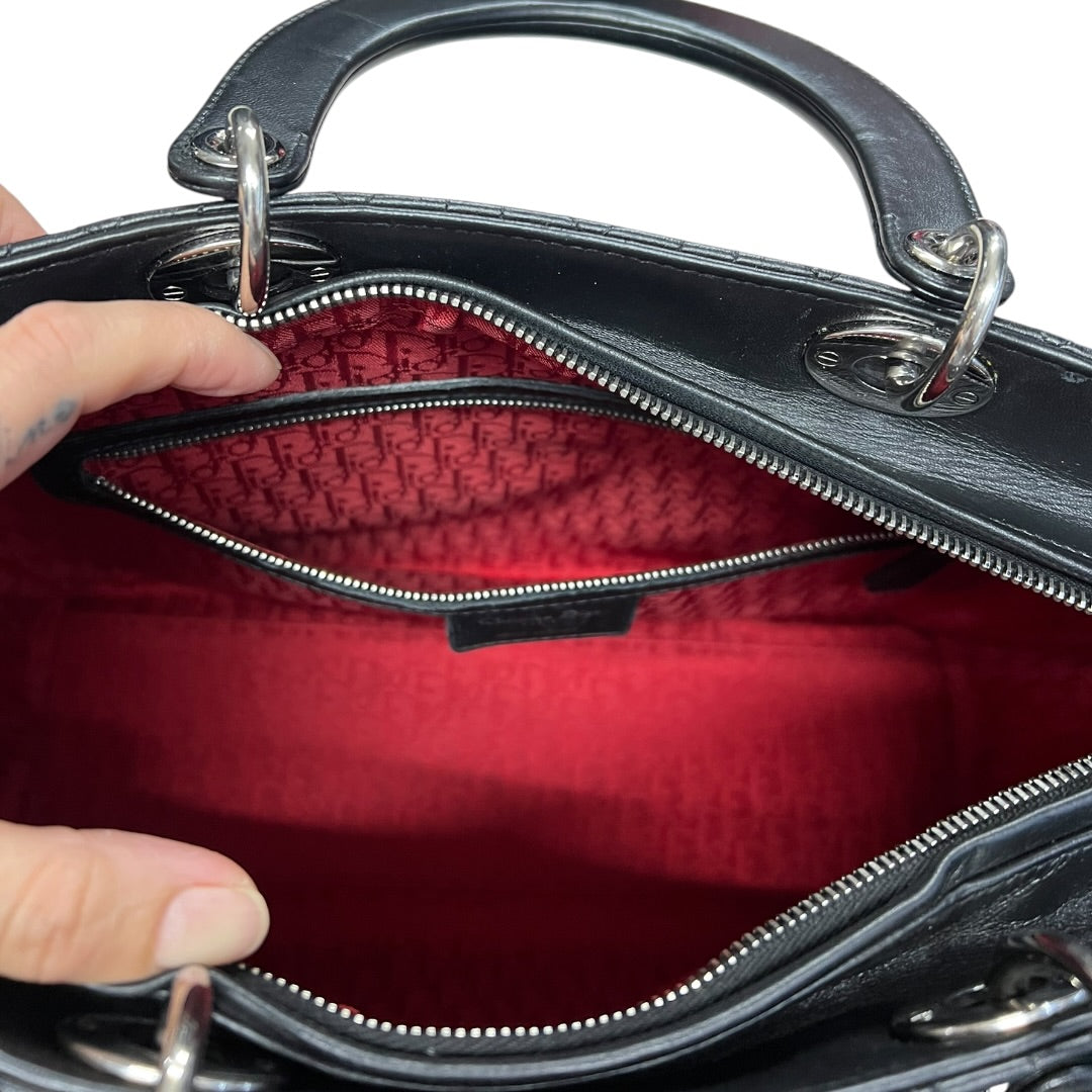 CHRISTIAN DIOR Cannage Lady Dior Handbag Black Silver Hardware Ch2220