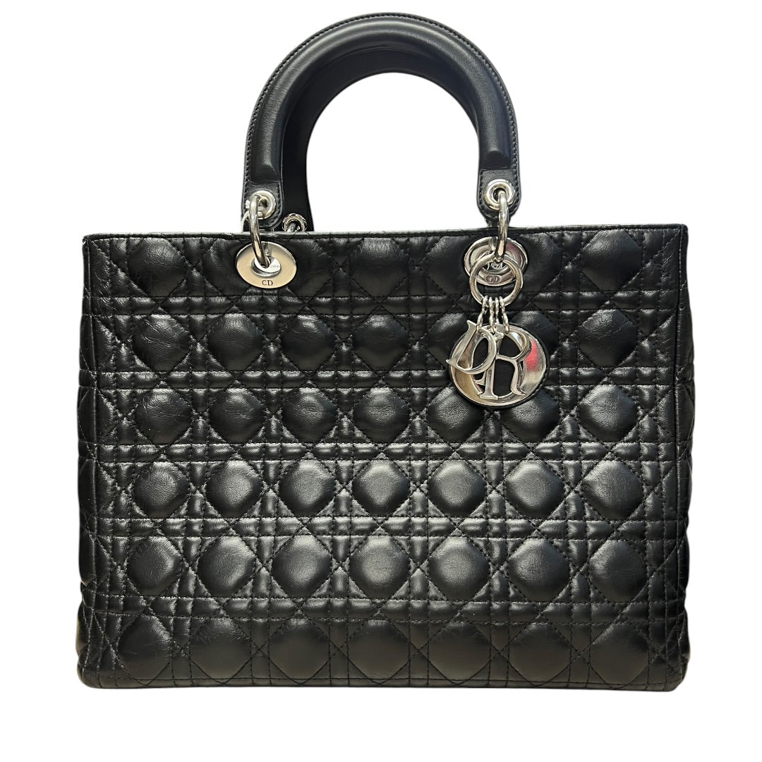 CHRISTIAN DIOR Cannage Lady Dior Handbag Black Silver Hardware Ch2220
