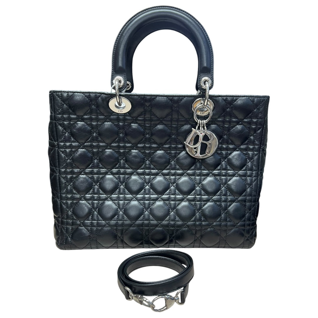 CHRISTIAN DIOR Cannage Lady Dior Handbag Black Silver Hardware Ch2220
