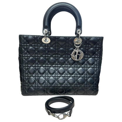CHRISTIAN DIOR Cannage Lady Dior Handbag Black Silver Hardware Ch2220