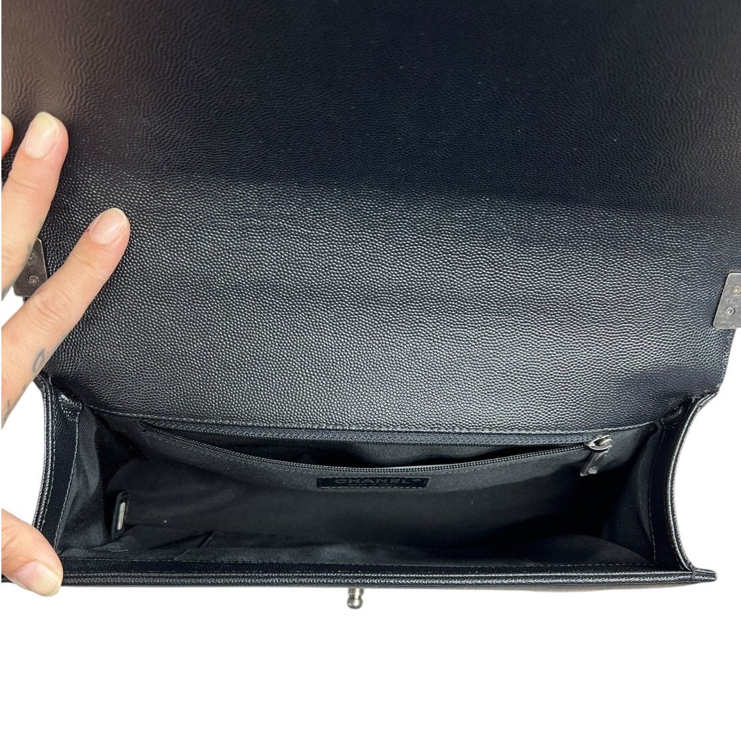 CHANEL Caviar Leather Boy Chanel Flap Bag Shoulder Bag Black Aged Silver-tone Hardware CH2235