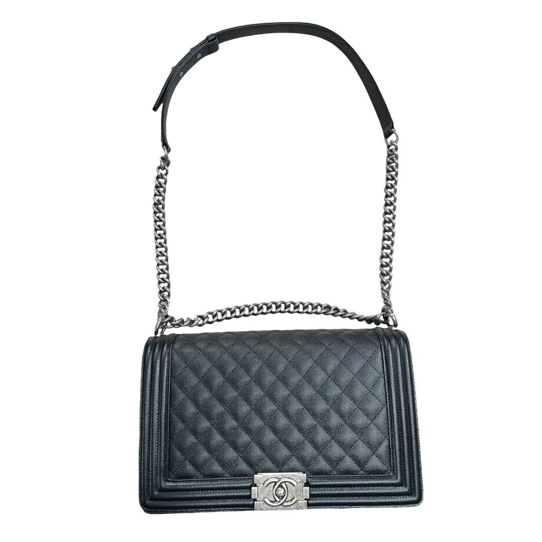 CHANEL Caviar Leather Boy Chanel Flap Bag Shoulder Bag Black Aged Silver-tone Hardware CH2235