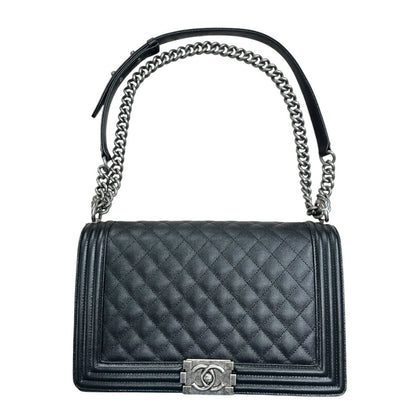 CHANEL Caviar Leather Boy Chanel Flap Bag Shoulder Bag Black Aged Silver-tone Hardware CH2235