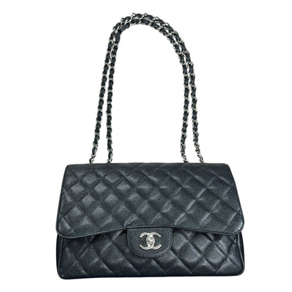 CHANEL Caviar Classic Flap Shoulder Bag Black Silver Hardware CH2236