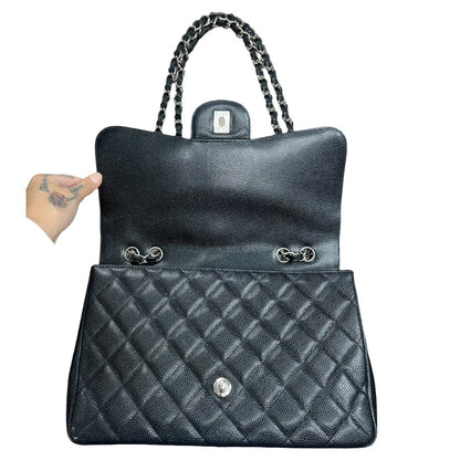 CHANEL Caviar Classic Flap Shoulder Bag Black Silver Hardware CH2236