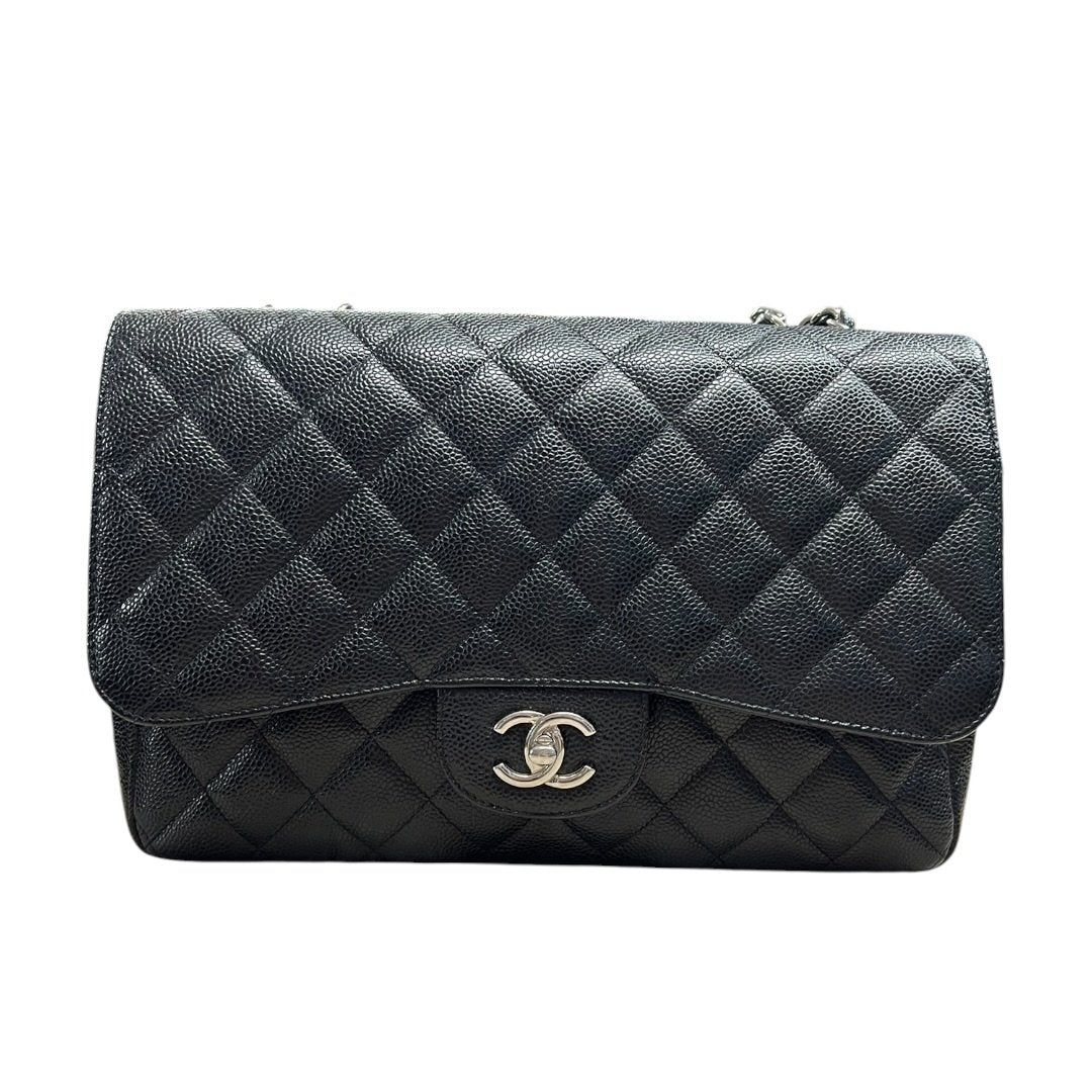 CHANEL Caviar Classic Flap Shoulder Bag Black Silver Hardware CH2236