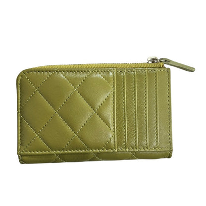 CHANEL Lambskin Quilted Zipped Card Holder Wallet Olive Green Silver Hardware CH2234