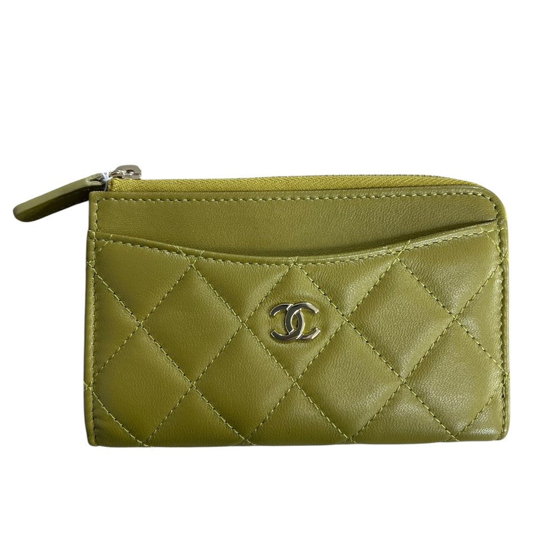 CHANEL Lambskin Quilted Zipped Card Holder Wallet Olive Green Silver Hardware CH2234