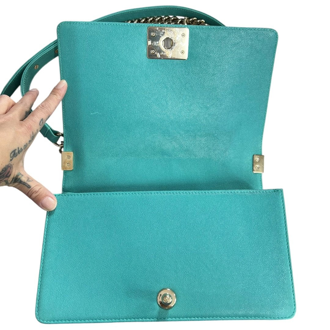 CHANEL Grained Calfskin Boy Bag Shoulder Bag Teal Gold Hardware CH2230
