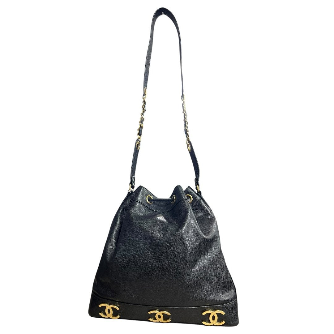 CHANEL Caviar Triple CC Drawstring Bucket Bag Shoulder Bag, Bucket Bag Black Gold Hardware CH2232