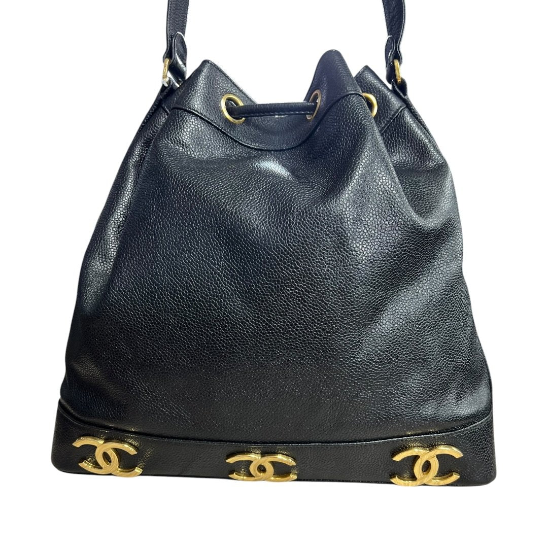 CHANEL Caviar Triple CC Drawstring Bucket Bag Shoulder Bag, Bucket Bag Black Gold Hardware CH2232