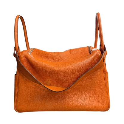 HERMES Clemence Lindy 30 Handbag Orange Silver Hardware HE483
