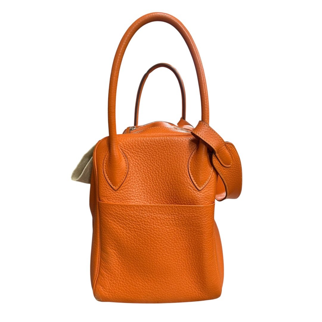 HERMES Clemence Lindy 30 Handbag Orange Silver Hardware HE483
