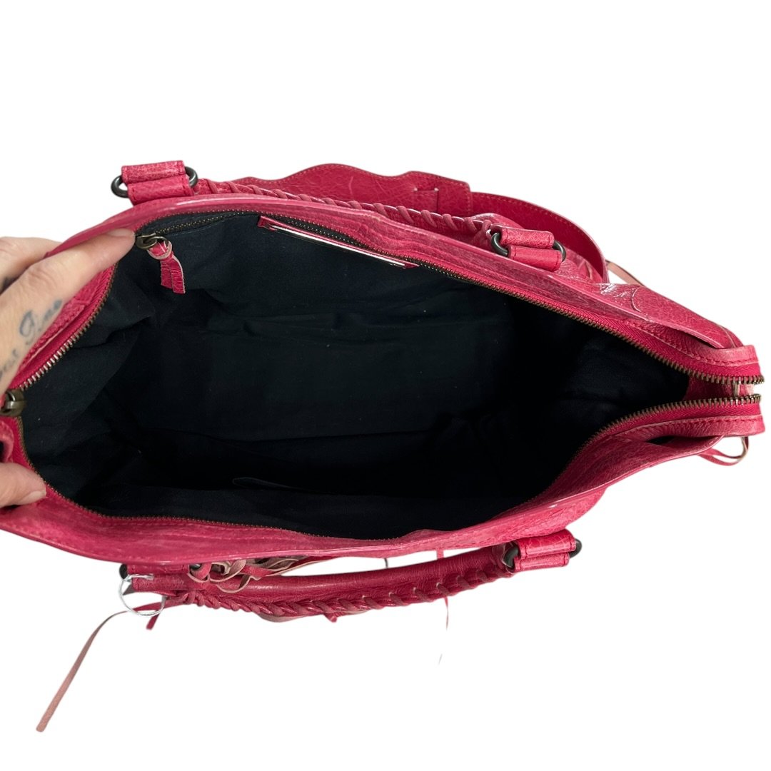 BALENCIAGA Lambskin City Handbag Fuchsia Black Hardware BA45