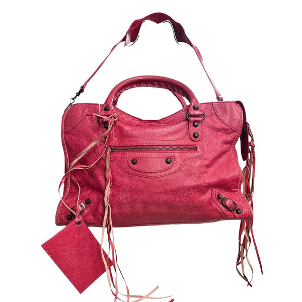 BALENCIAGA Lambskin City Handbag Fuchsia Black Hardware BA45