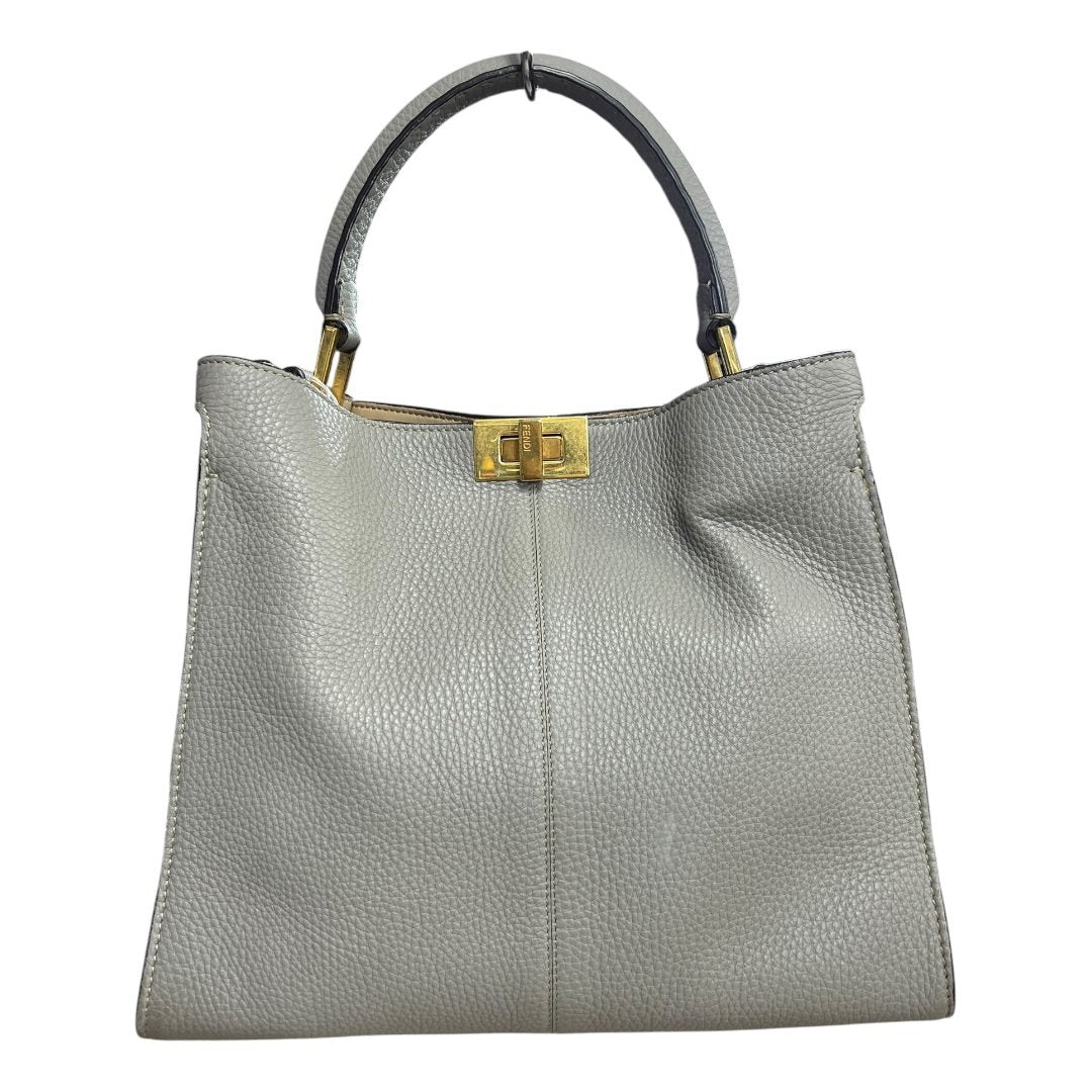 FENDI Grained Leather Peekaboo Essentially Handbag Gray Gold Hardware FE397