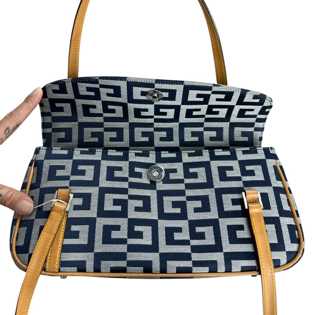 GIVENCHY Jacquard Canvas Shoulder Bag Dark Blue, Light Grey, Tan Silver Hardware GI43