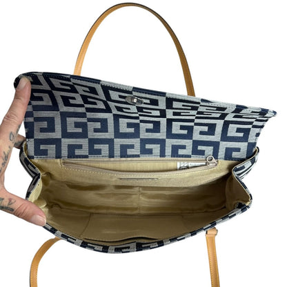 GIVENCHY Jacquard Canvas Shoulder Bag Dark Blue, Light Grey, Tan Silver Hardware GI43