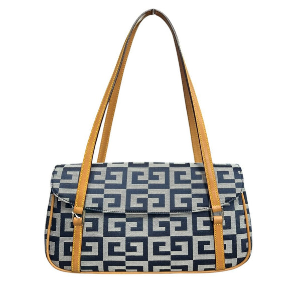 GIVENCHY Jacquard Canvas Shoulder Bag Dark Blue, Light Grey, Tan Silver Hardware GI43