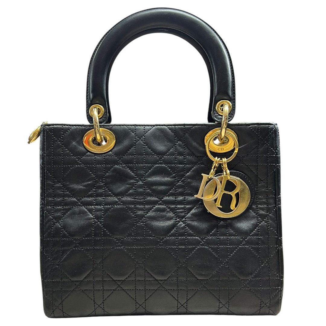 DIOR Lambskin Lady Dior Handbag Black Gold Hardware Ch2240